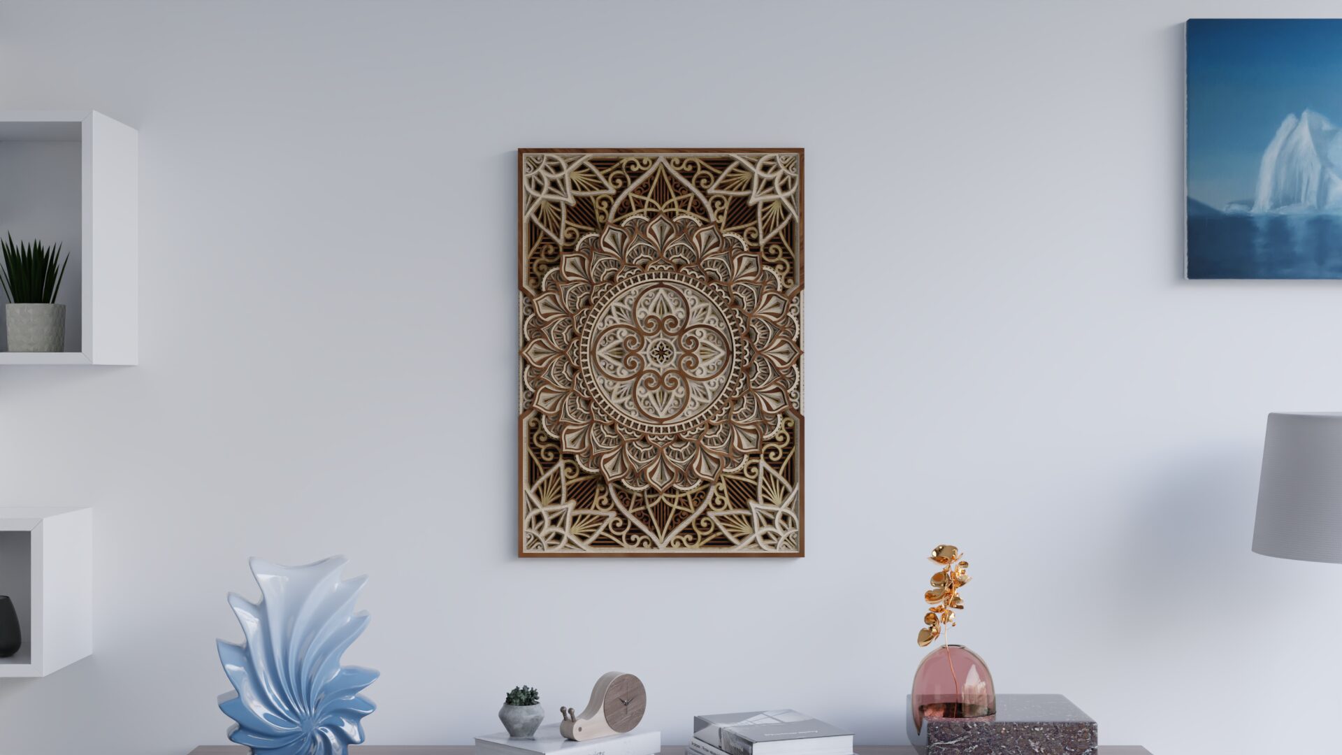 Portrait-oriented multilayer wooden mandala wall art displayed on a light wall above a console table in a modern interior