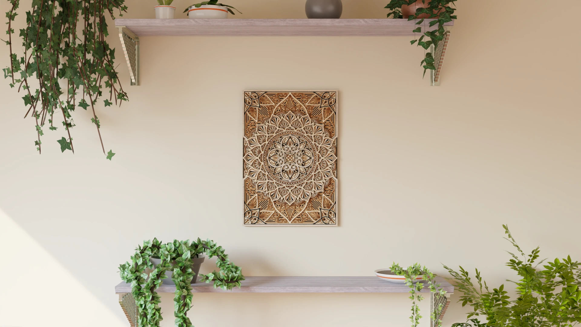 Vertical multilayer wooden mandala wall decor in natural wood and black tones displayed on a light wall between two shelves with green plants