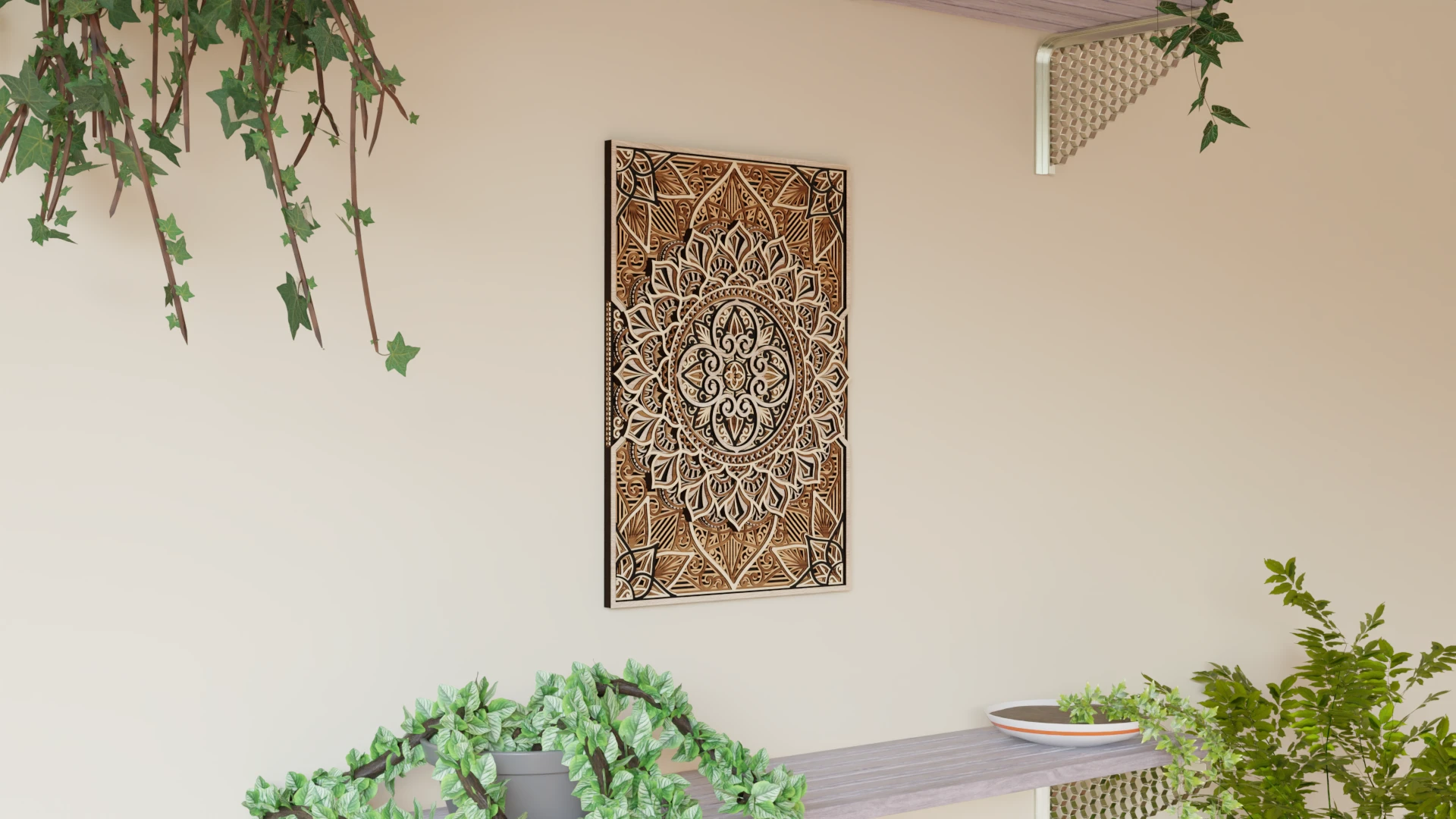 Vertical multilayer wooden mandala wall decor in natural wood and black tones displayed on a light wall with trailing green plants