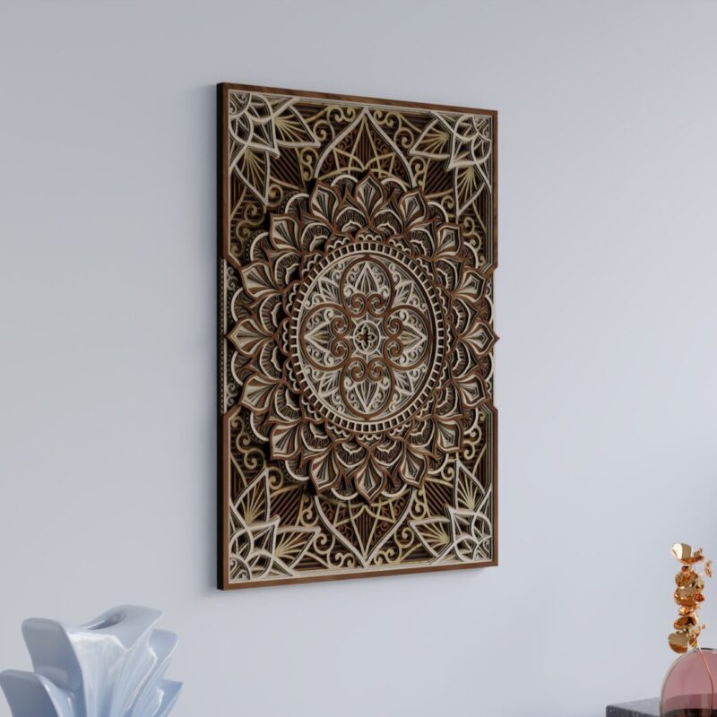 Angled view of portrait multilayer wooden mandala wall art displayed on a light wall in a modern interior