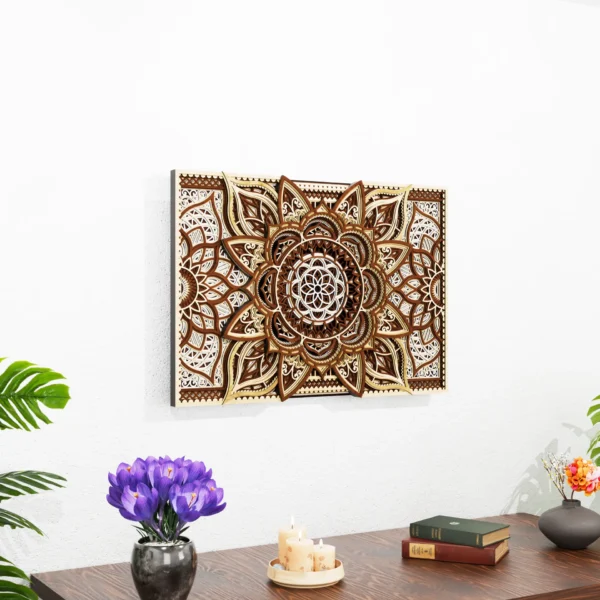 Multi-layer wooden mandala wall art with intricate laser cut 3D design displayed in modern interior