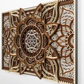 Extreme close-up of multi-layer wooden mandala showing intricate laser cut layered details