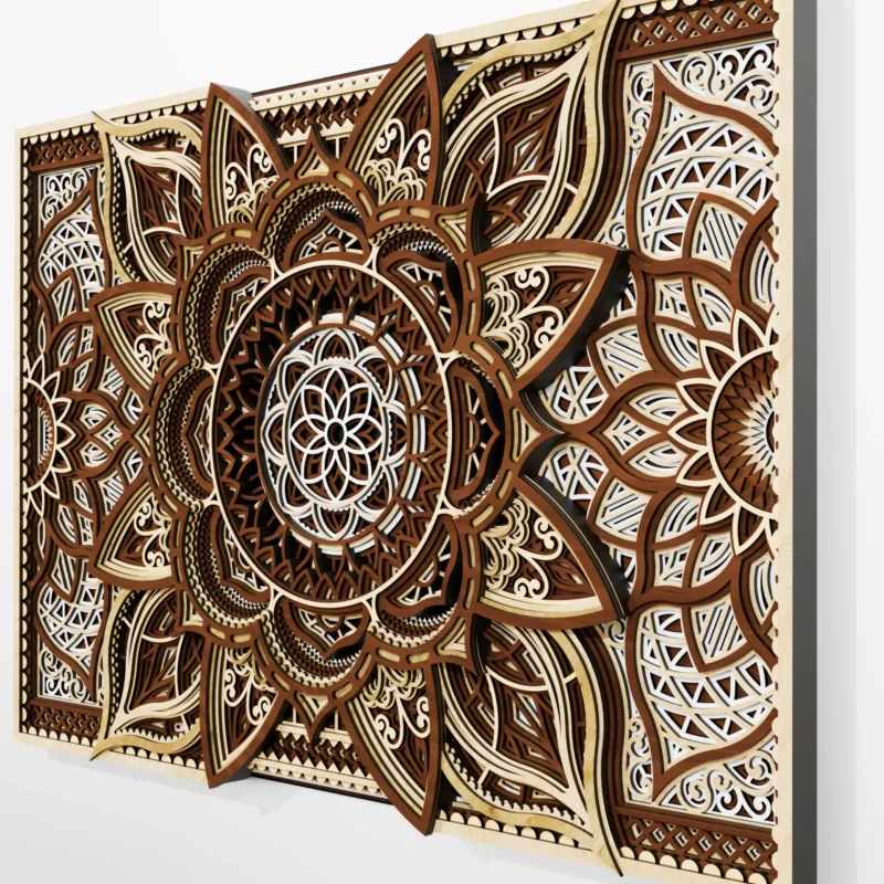 Extreme close-up of multi-layer wooden mandala showing intricate laser cut layered details