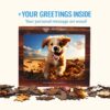 Wooden Hexagonal Puzzle gift set with a cheerful puppy image, scattered puzzle pieces, and a personalized wooden greeting card feature shown on the front.