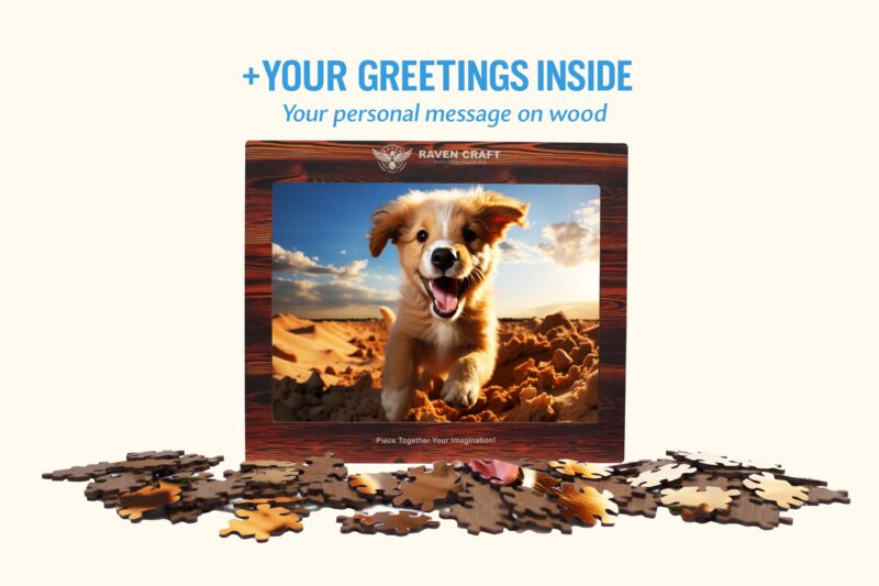 Wooden Hexagonal Puzzle gift set with a cheerful puppy image, scattered puzzle pieces, and a personalized wooden greeting card feature shown on the front.