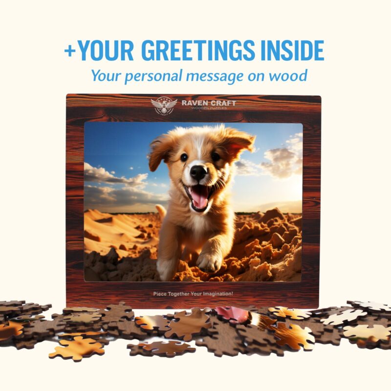 Wooden Hexagonal Puzzle gift set with a cheerful puppy image, scattered puzzle pieces, and a personalized wooden greeting card feature shown on the front.