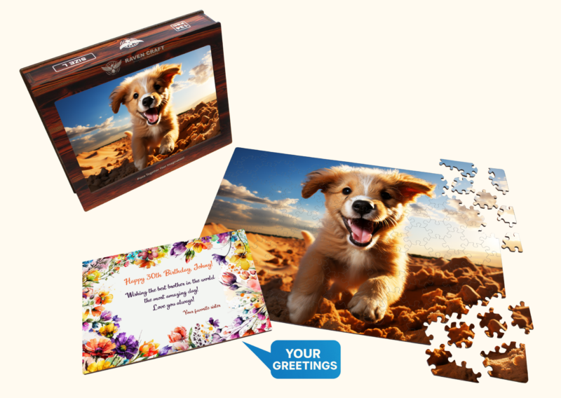 Wooden Hexagonal Puzzle gift set with a cheerful puppy image, puzzle box, partially assembled puzzle, loose pieces, and a floral personalized greeting card.
