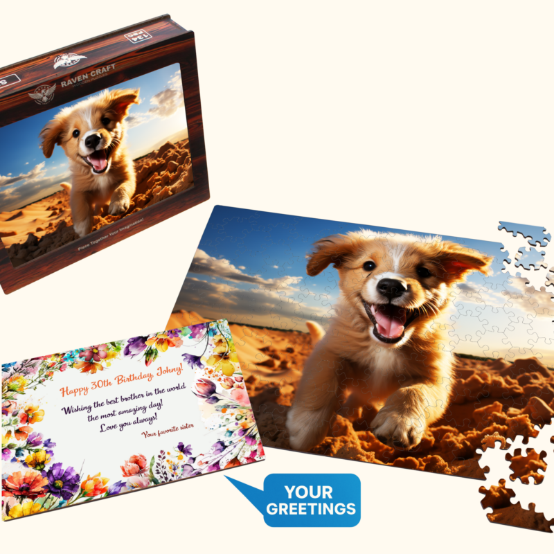 Wooden Hexagonal Puzzle gift set with a cheerful puppy image, puzzle box, partially assembled puzzle, loose pieces, and a floral personalized greeting card.