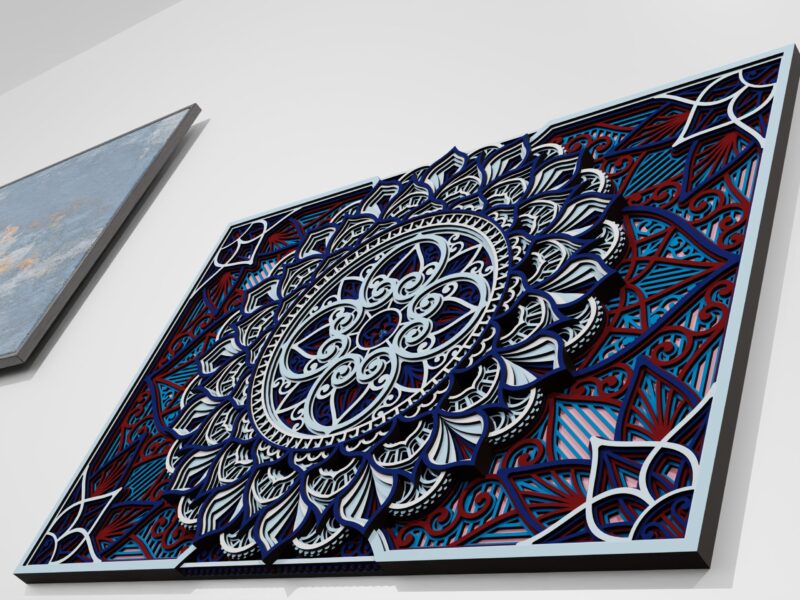 Low-angle close-up of a Multilayer Wooden Mandala with a blue, white, and red symmetrical design and clearly visible layered depth.