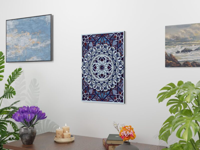 Front-facing wall view of a Multilayer Wooden Mandala with a blue, white, and red symmetrical design, shown with visible layered depth in a vertical rectangular format.