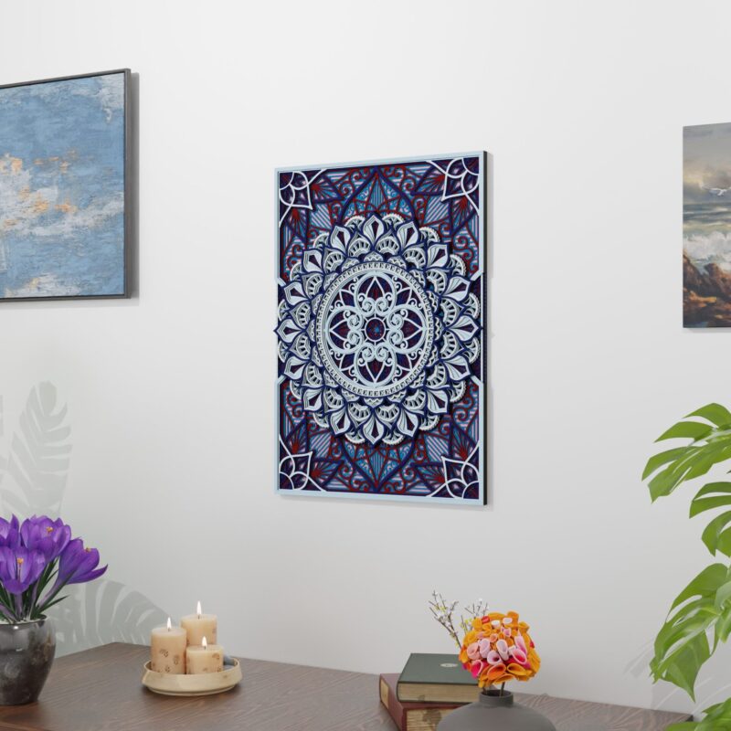 Front-facing wall view of a Multilayer Wooden Mandala with a blue, white, and red symmetrical design, shown with visible layered depth in a vertical rectangular format.