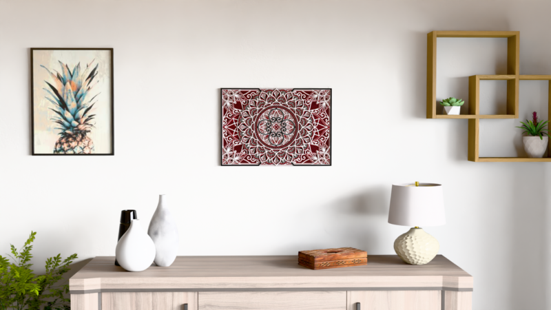 Multilayer Wooden Mandala wall decor in red, black, and natural wood tones displayed on a light wall