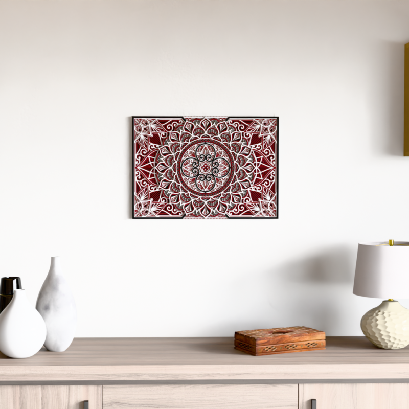 Multilayer Wooden Mandala wall decor in red, black, and natural wood tones displayed on a light wall