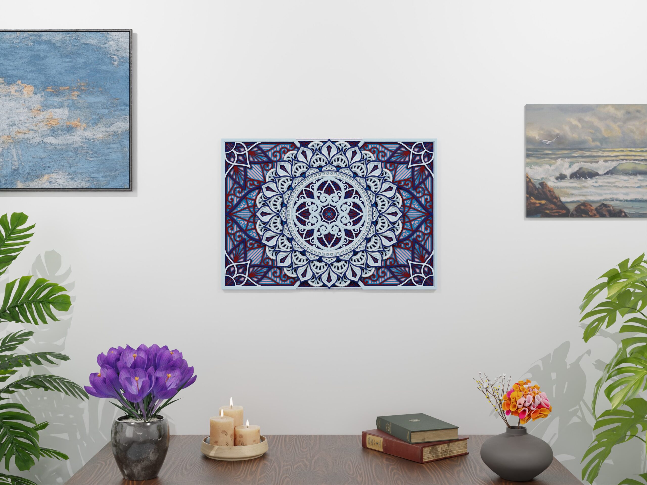 Full wall view of a Multilayer Wooden Mandala with a blue, white, and red symmetrical design and visible layered depth.