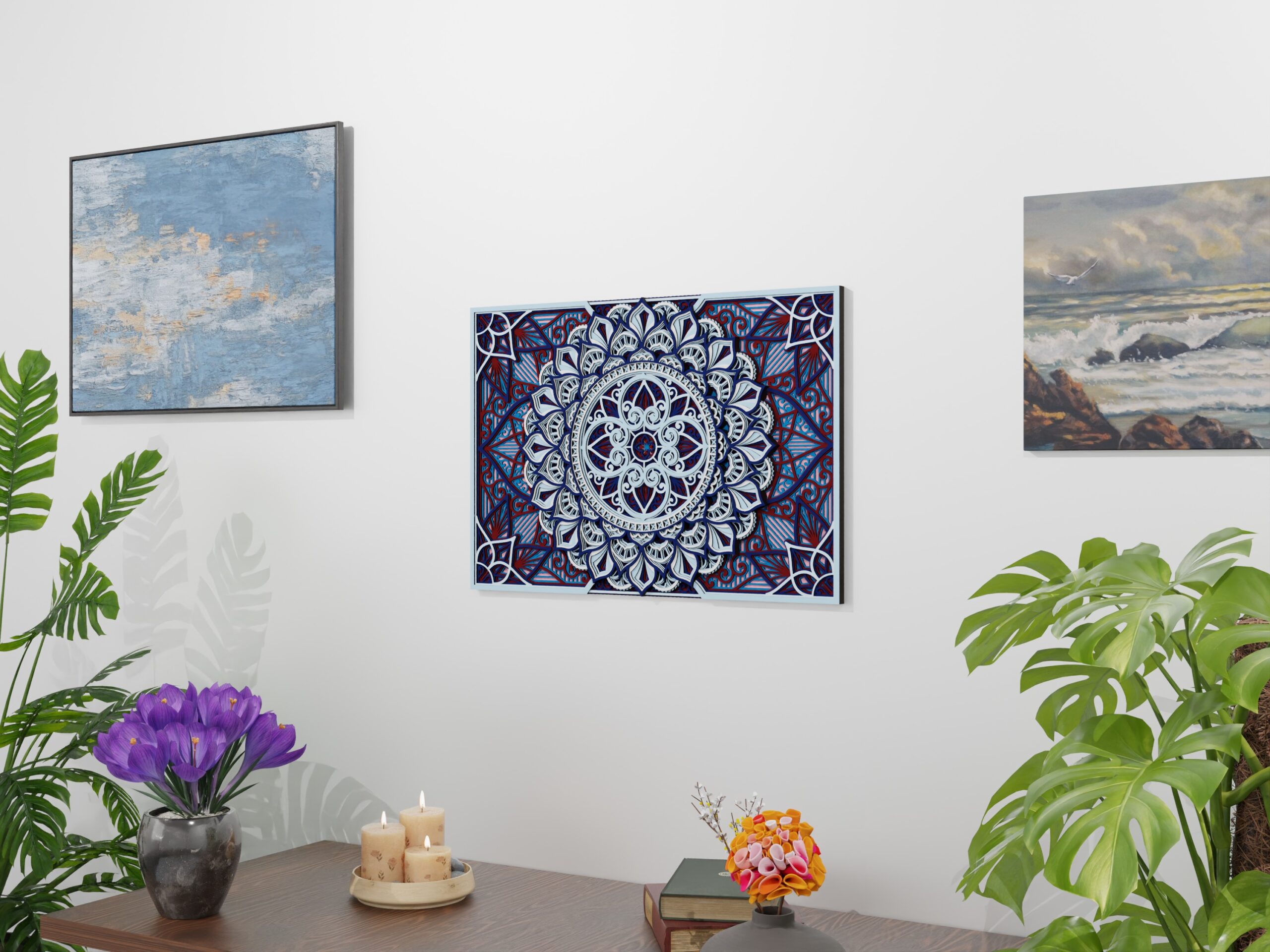 Angled front view of a Multilayer Wooden Mandala with a blue, white, and red symmetrical design and visible layered depth.