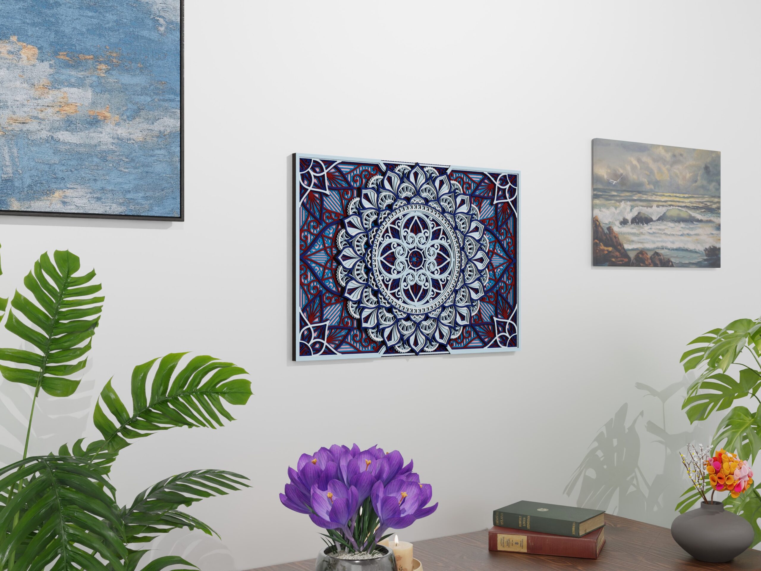 Angled room view of a Multilayer Wooden Mandala with a blue, white, and red symmetrical design and visible layered depth.