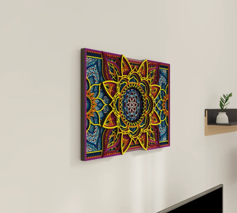 Multilayer Wooden Mandala wall art with a bright symmetrical floral geometric design in yellow, blue, red, and purple, shown from a side angle to highlight its layered depth.