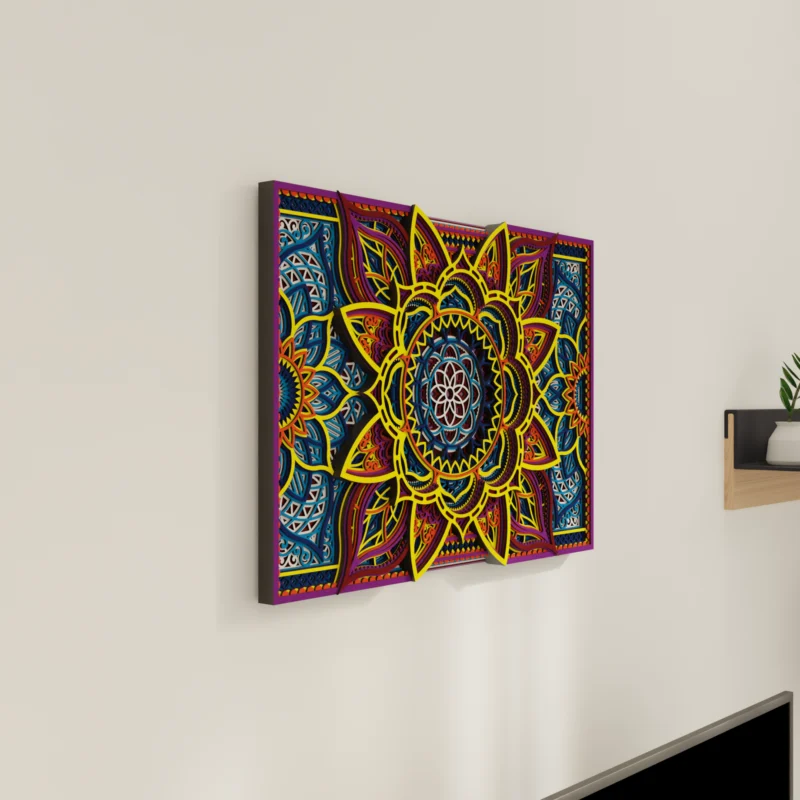 Multilayer Wooden Mandala wall art with a bright symmetrical floral geometric design in yellow, blue, red, and purple, shown from a side angle to highlight its layered depth.