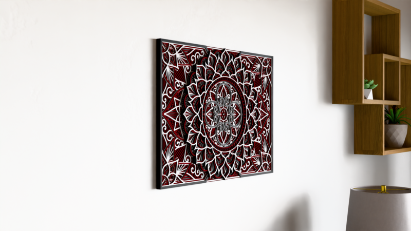 Angled close-up of a Multilayer Wooden Mandala wall decor in red, black, and natural wood tones with carved details and visible layered depth