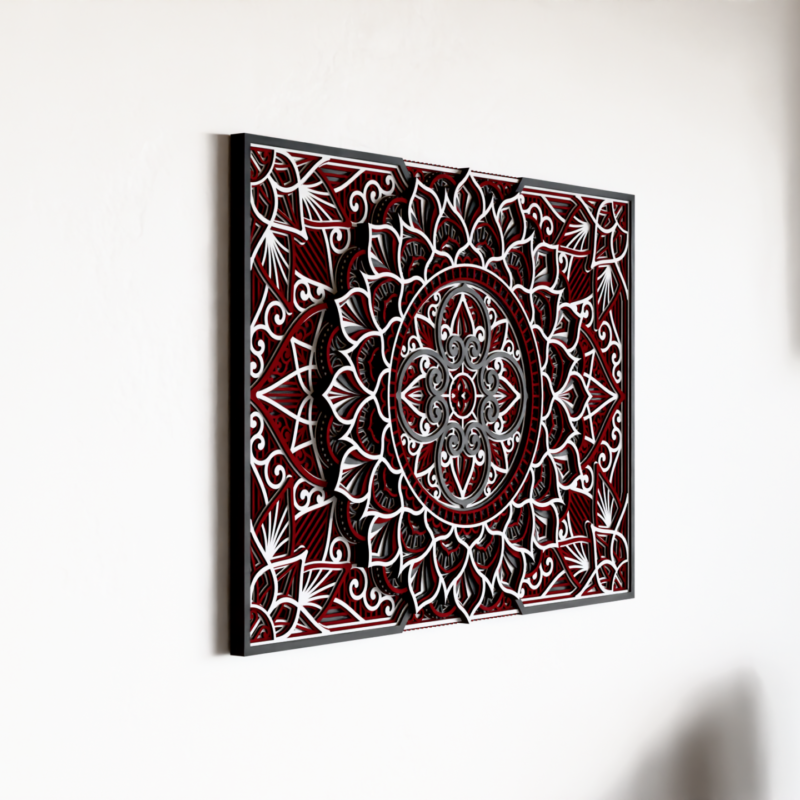 Angled close-up of a Multilayer Wooden Mandala wall decor in red, black, and natural wood tones with carved details and visible layered depth