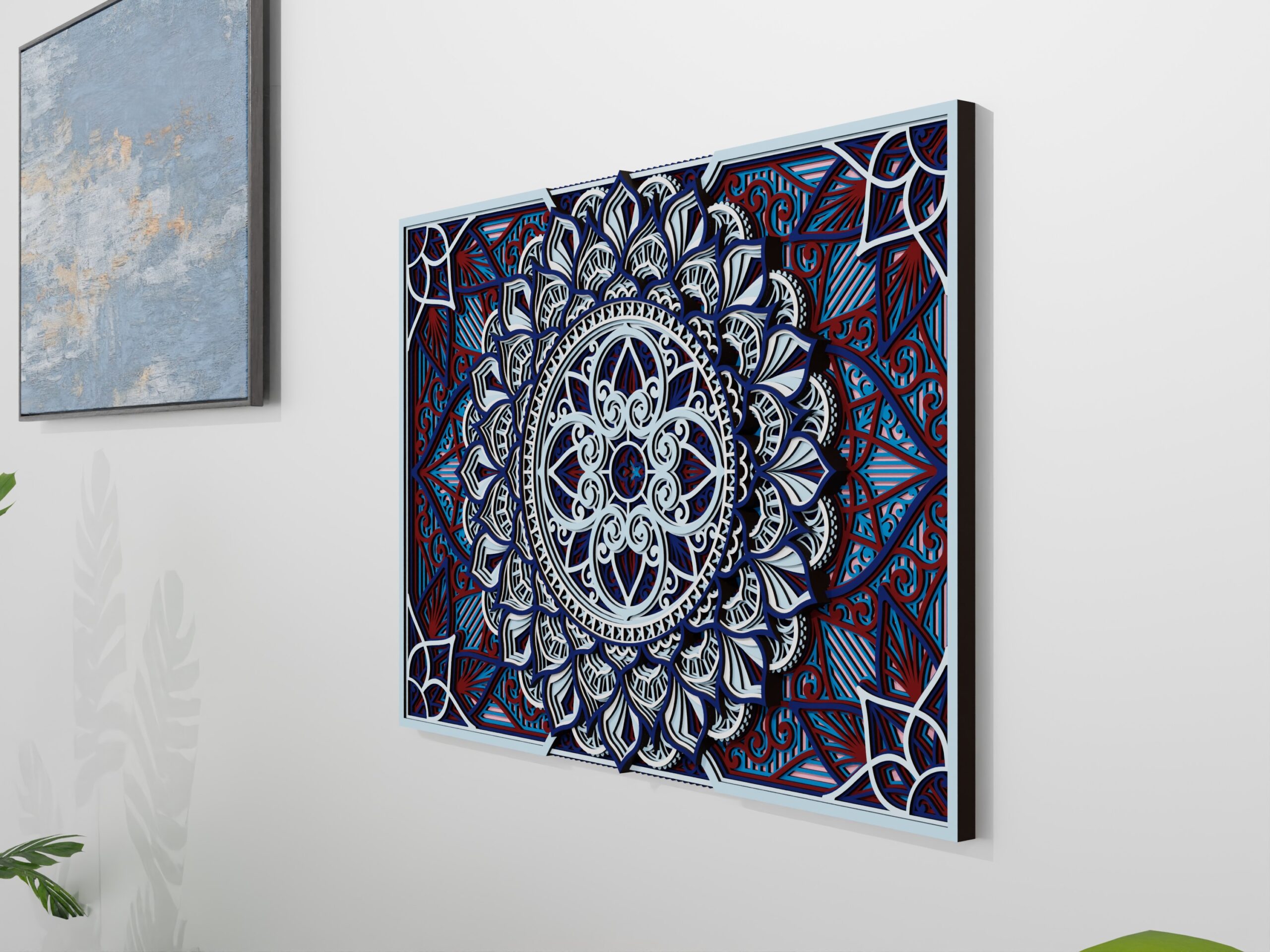 Angled wall view of a Multilayer Wooden Mandala with a blue, white, and red symmetrical design and visible layered depth.