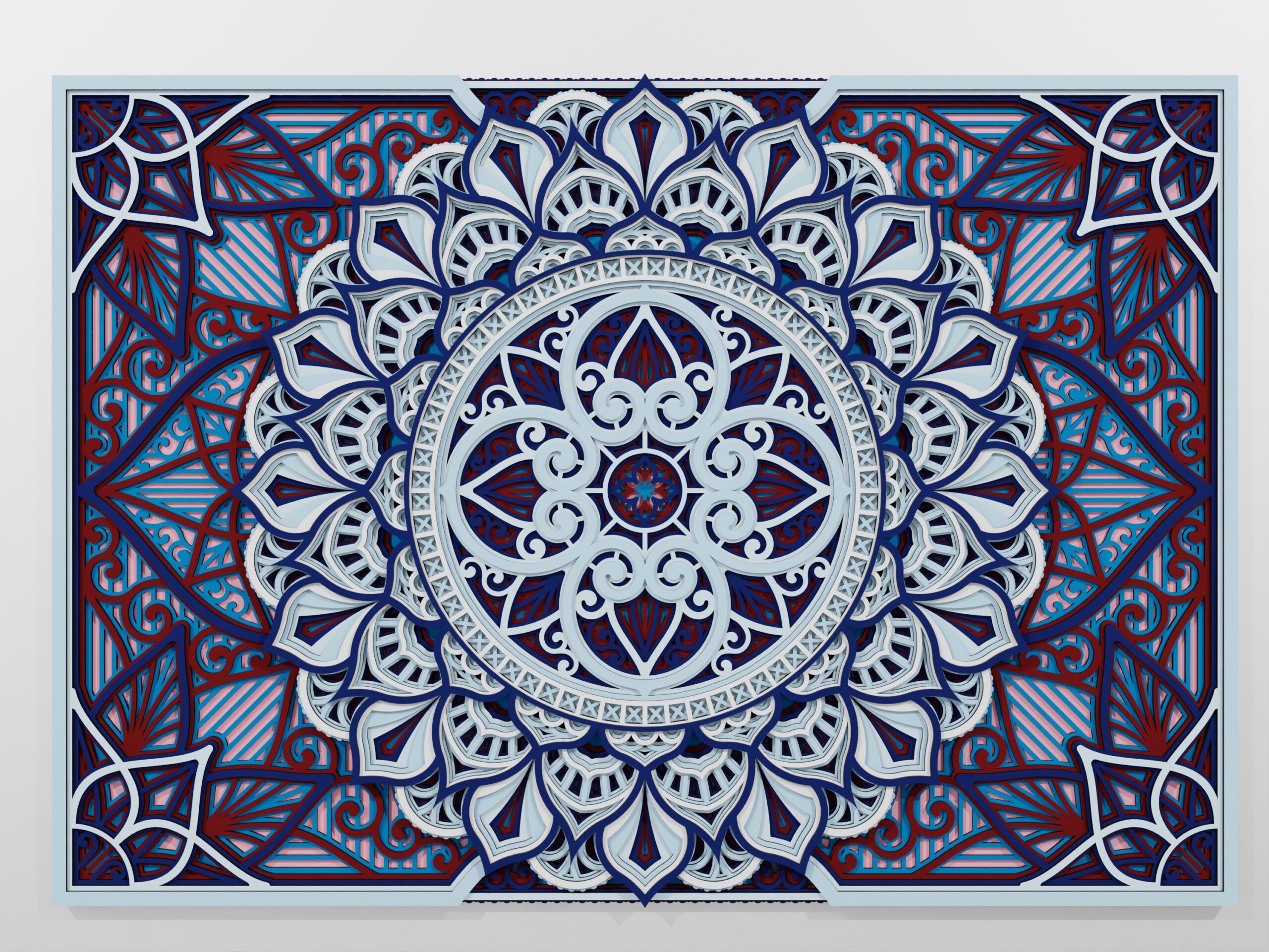 Front close-up of a Multilayer Wooden Mandala with a blue, white, and red symmetrical design and clearly visible layered detail.