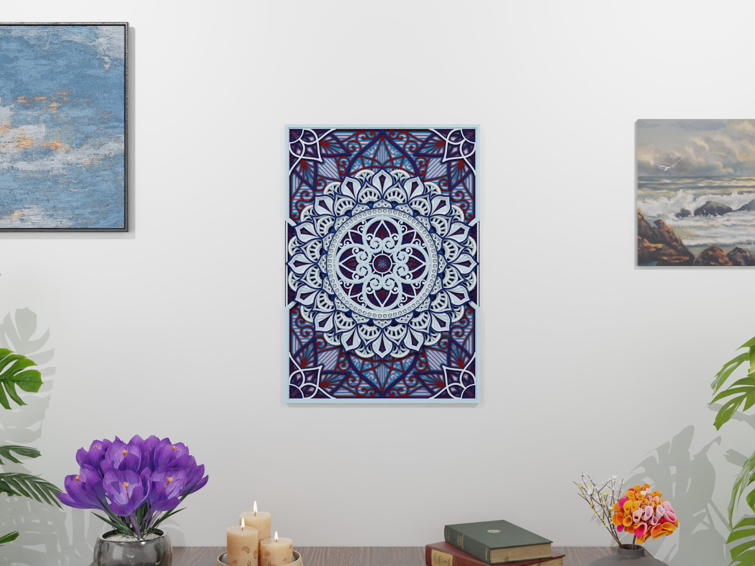 Centered front view of a Multilayer Wooden Mandala with a blue, white, and red symmetrical design in a vertical rectangular format.