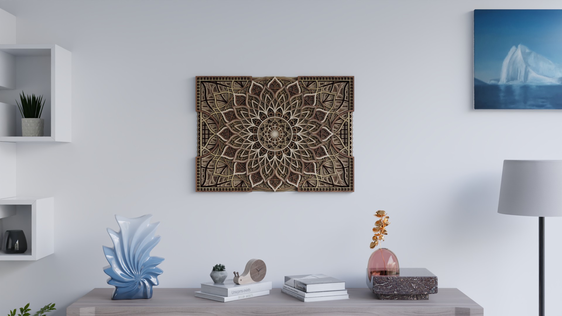 Centered view of a Multilayer Wooden Mandala in light and dark natural wood tones with a detailed symmetrical layered pattern
