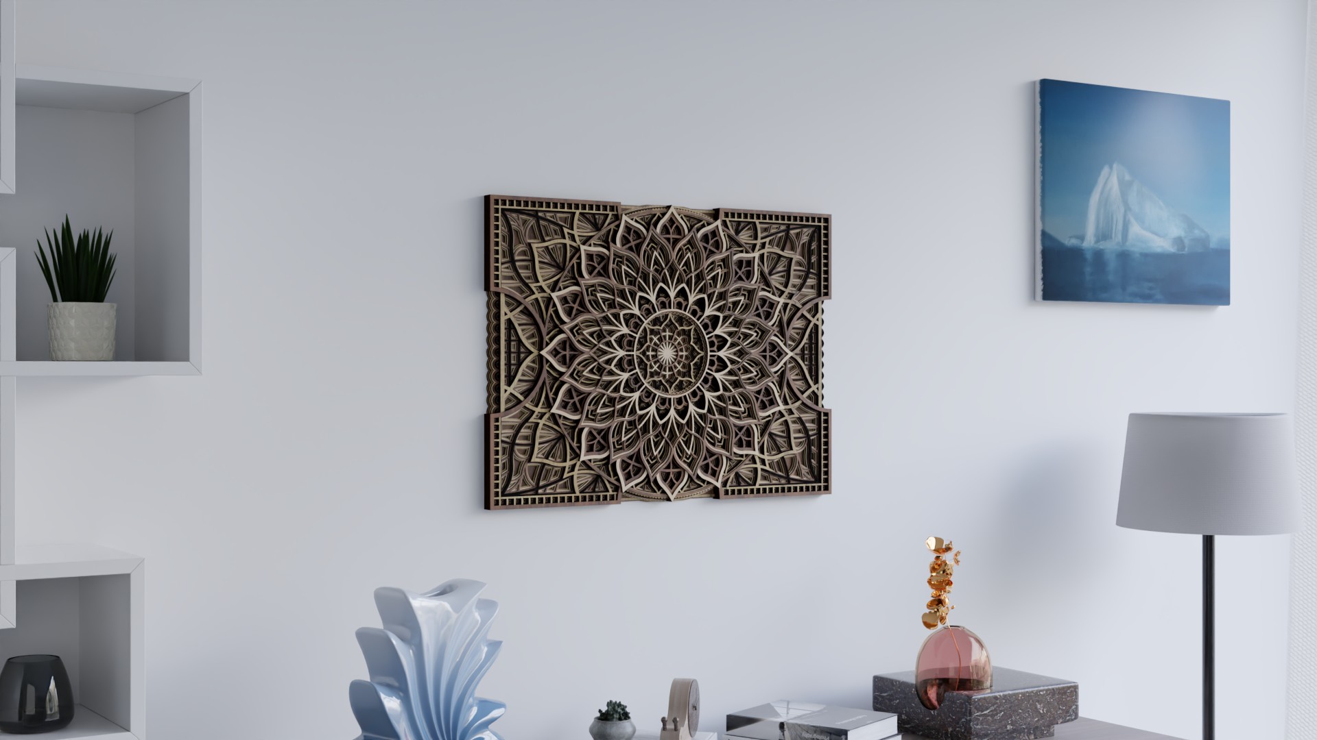 Perspective view of a Multilayer Wooden Mandala in light and dark natural wood tones with a detailed symmetrical layered pattern
