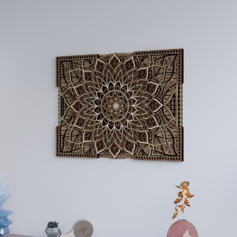 Multilayer Wooden Mandala in Light and Dark Natural Wood Floral Design
