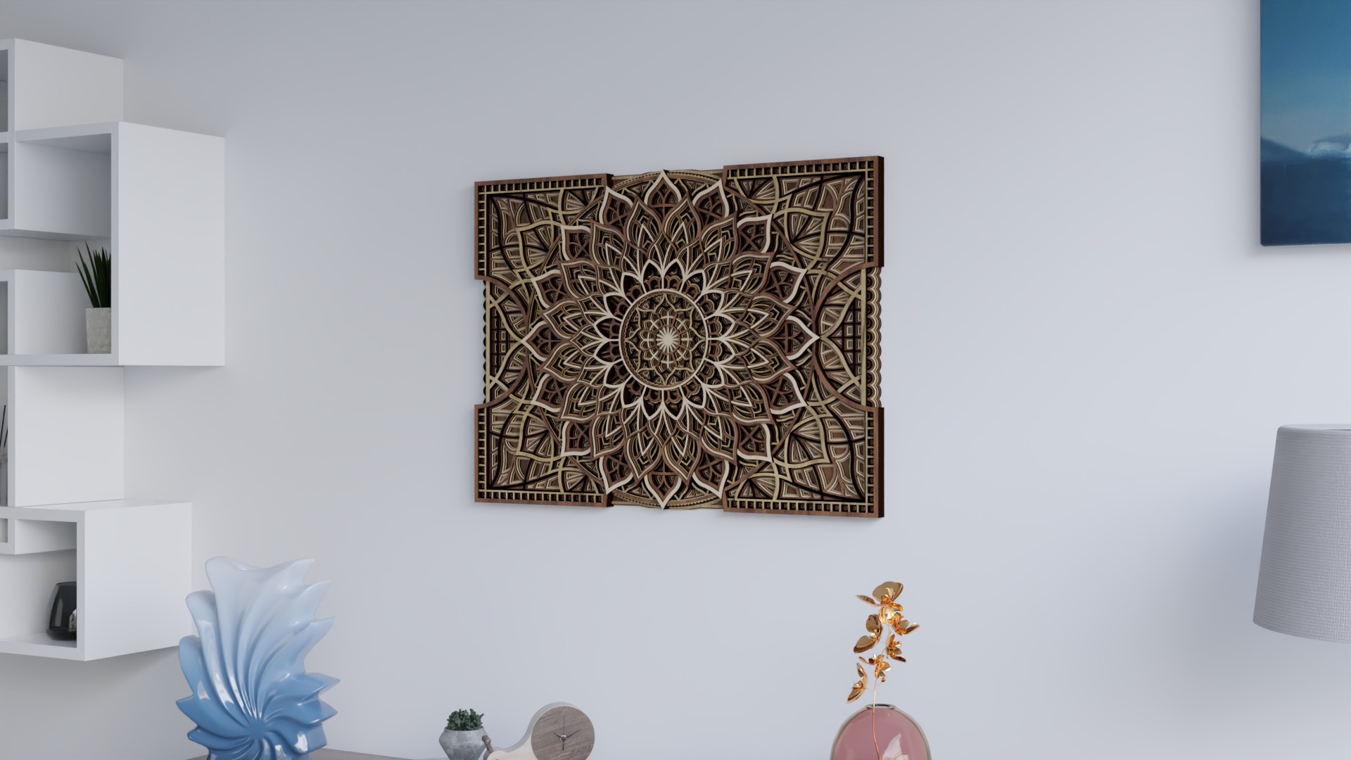 Multilayer Wooden Mandala in Light and Dark Natural Wood Floral Design