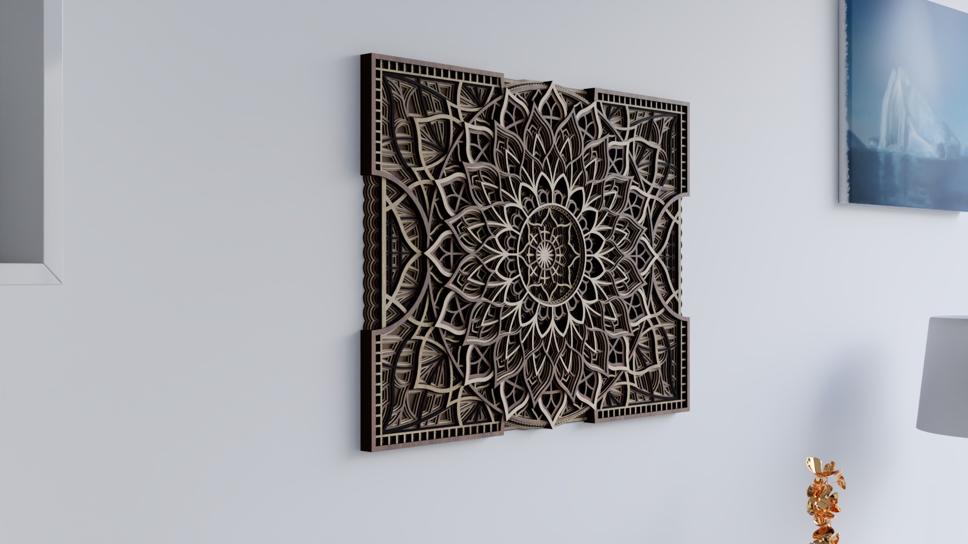 Angled side view of a Multilayer Wooden Mandala in light and dark natural wood tones with a detailed symmetrical layered pattern