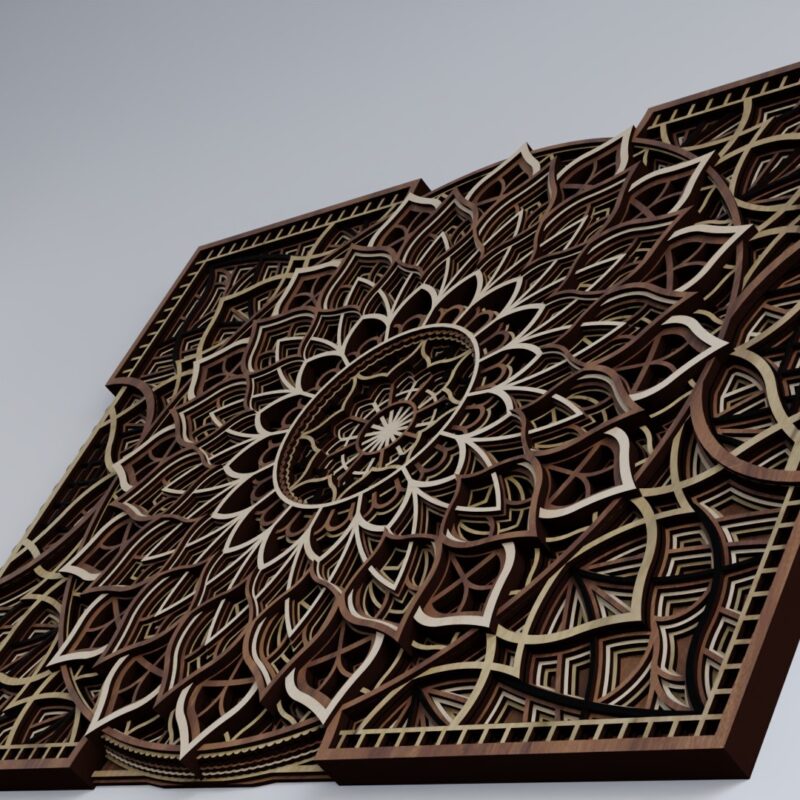 This image shows a low-angle close-up of a Multilayer Wooden Mandala with a detailed symmetrical design, carved decorative elements, and clearly visible layered depth. The contrast between light and dark natural wood tones highlights the structure of the pattern and gives the piece a strong dimensional look.