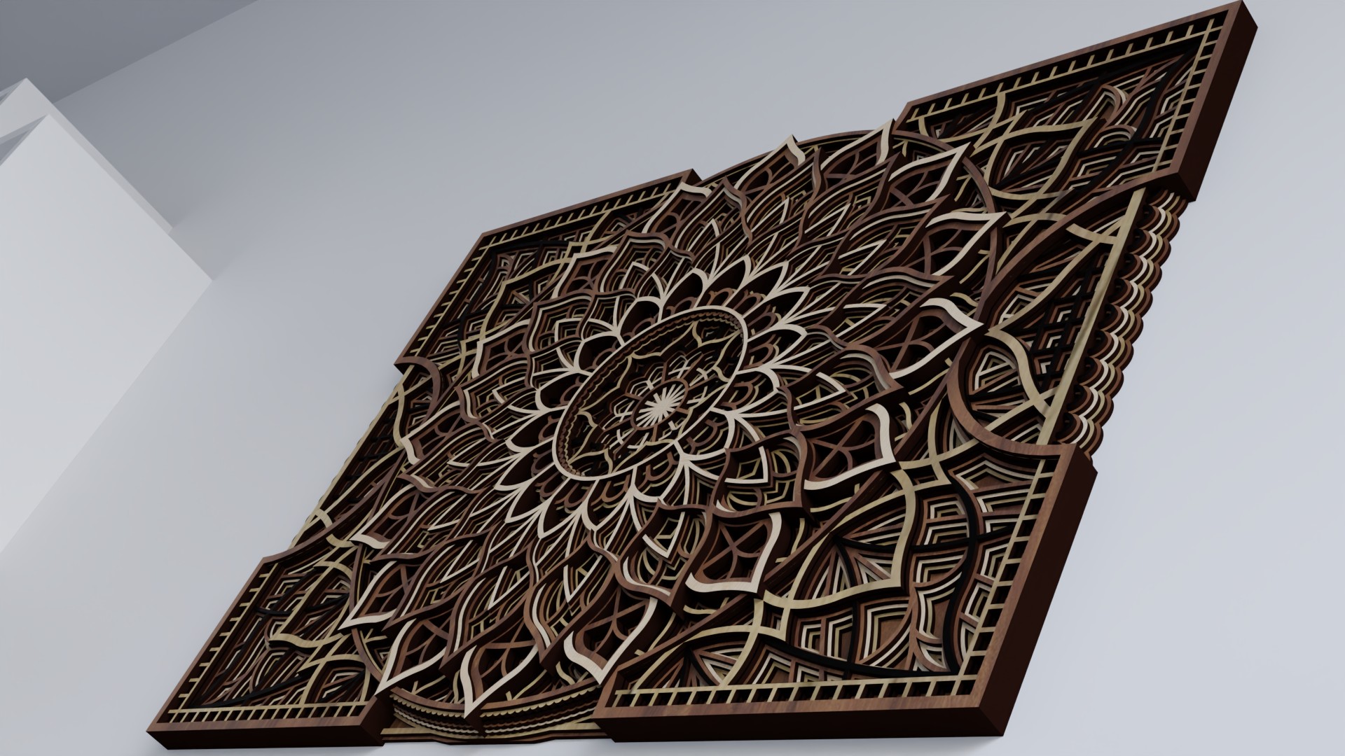 This image shows a low-angle close-up of a Multilayer Wooden Mandala with a detailed symmetrical design, carved decorative elements, and clearly visible layered depth. The contrast between light and dark natural wood tones highlights the structure of the pattern and gives the piece a strong dimensional look.
