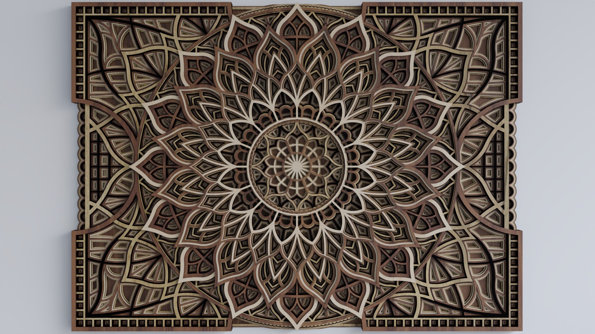 Close-up view of a Multilayer Wooden Mandala in light and dark natural wood tones with a detailed symmetrical layered pattern