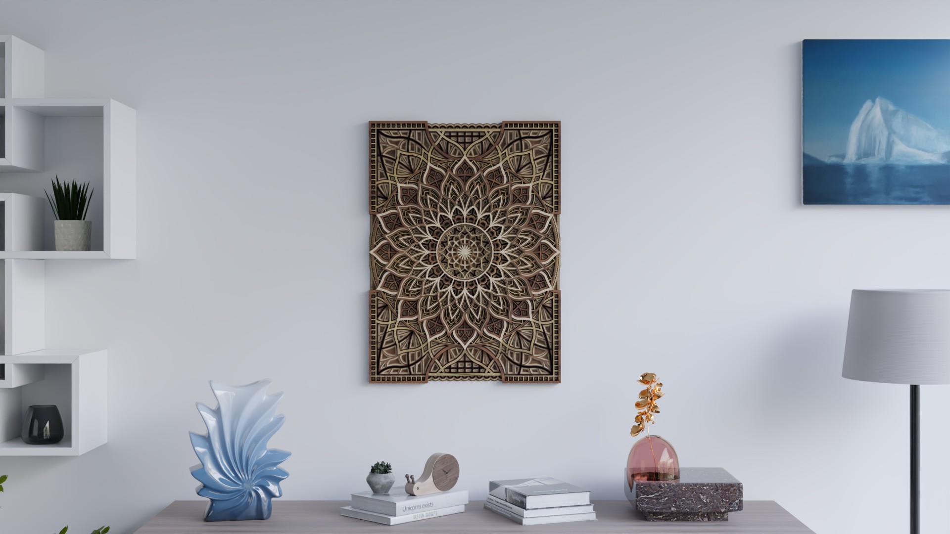 Front view of a Multilayer Wooden Mandala in light and dark natural wood tones with a detailed symmetrical layered pattern