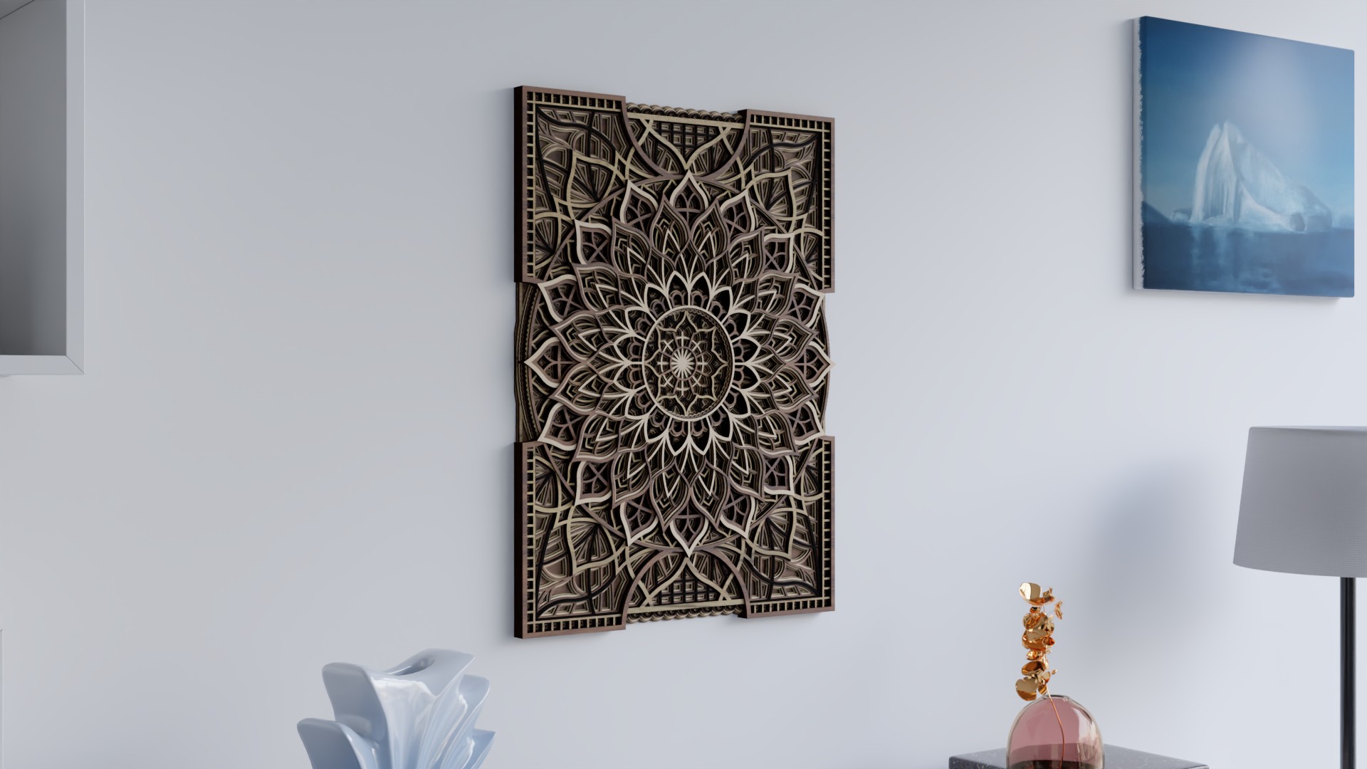 Angled view of a Multilayer Wooden Mandala in light and dark natural wood tones with a detailed symmetrical layered pattern