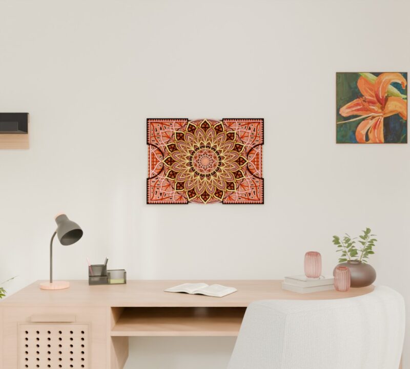 Wide front view of a Multilayer Wooden Mandala in coral, black, and cream tones displayed on a wall