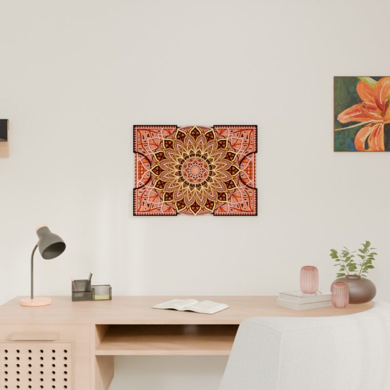 Wide front view of a Multilayer Wooden Mandala in coral, black, and cream tones displayed on a wall