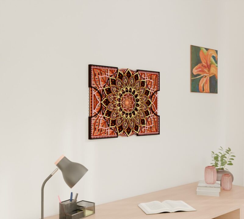 Angled wall view of a Multilayer Wooden Mandala in coral, black, and cream tones