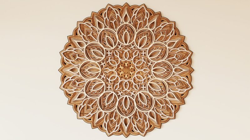 Front view of a Multilayer Wooden Mandala with a symmetrical petal pattern in natural wood tones