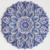 Front view of a Multilayer Wooden Mandala in blue, white, and pink with a symmetrical layered design