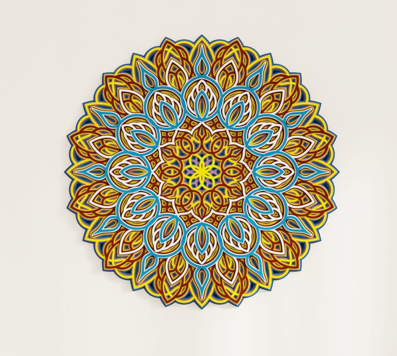 Front view of a Multilayer Wooden Mandala with a colorful symmetrical petal design