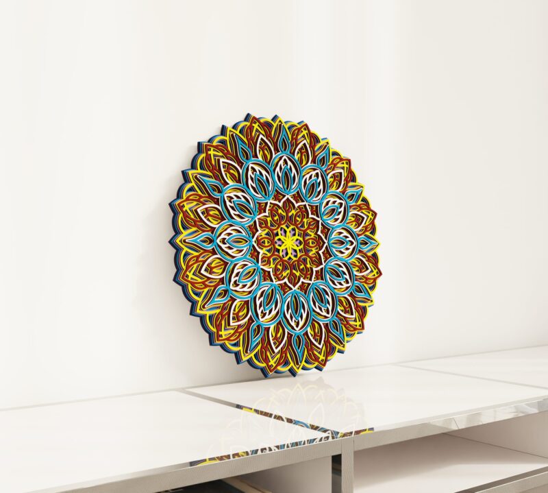 Angled wall view of a Multilayer Wooden Mandala with a colorful symmetrical petal design