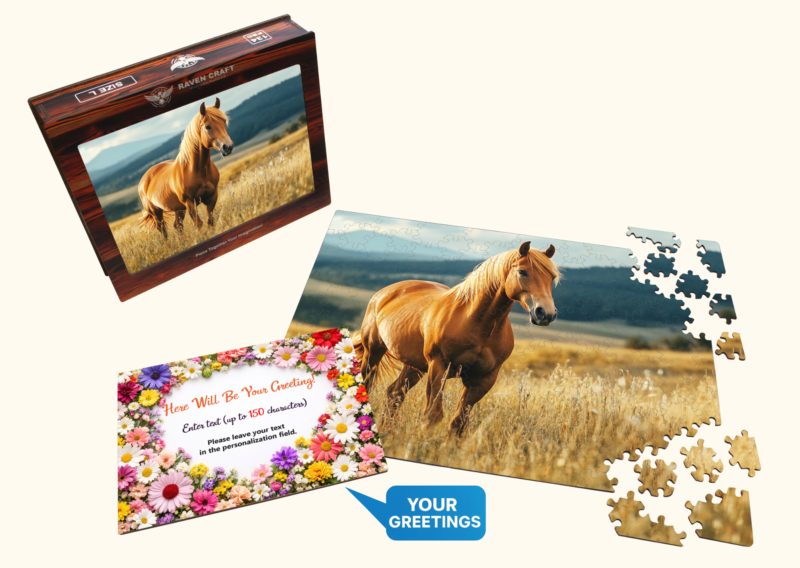 Horse puzzle gift set with display box, greeting card, and loose puzzle pieces