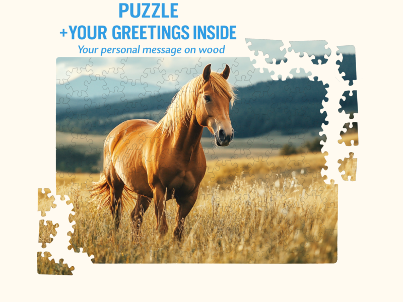 Horse puzzle with a personalized greeting message highlighted above the artwork