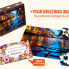 Personalized wooden jigsaw puzzle with a rainy city street design, gift box, loose pieces, and custom greeting card.