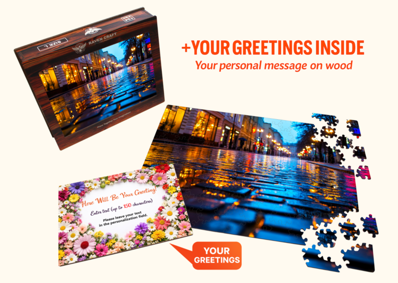 Personalized wooden jigsaw puzzle with a rainy city street design, gift box, loose pieces, and custom greeting card.