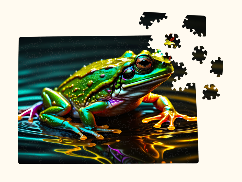Hexagonal wooden puzzle with a vibrant green frog design, partially assembled with loose puzzle pieces on a light background.