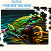 Hexagonal wooden puzzle with a vibrant green frog design, shown with loose pieces and text about greetings inside and a personal message on wood.